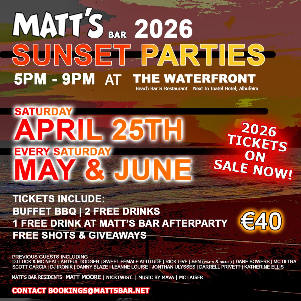 matts bar sunset party. Albufeiras biggest, beach, sunset, groups